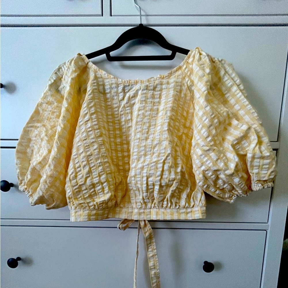 Urban Outfitters Yellow and White Gingham Blouse Crop Top With Tie Back